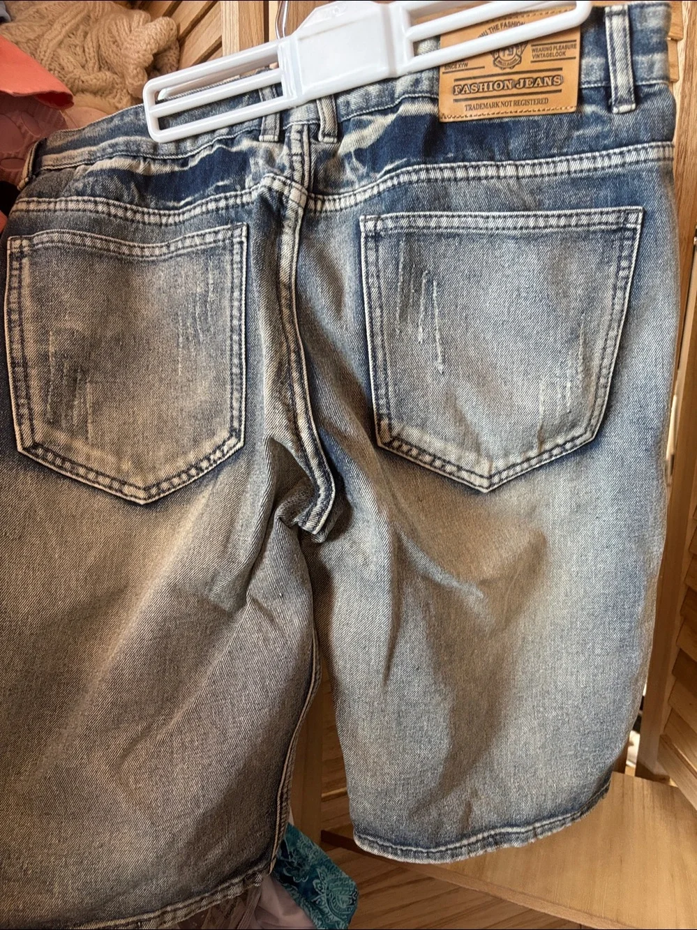 Men's Distressed Blue Denim Shorts with Patchwork 34